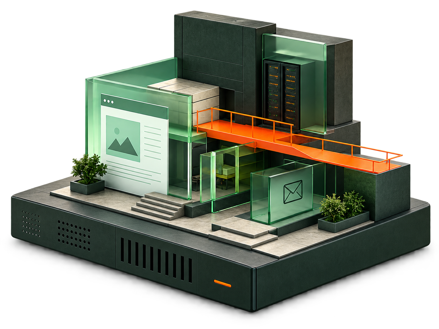 An architectural workshop built from green glass website and email panels, server towers and an orange bridge.
