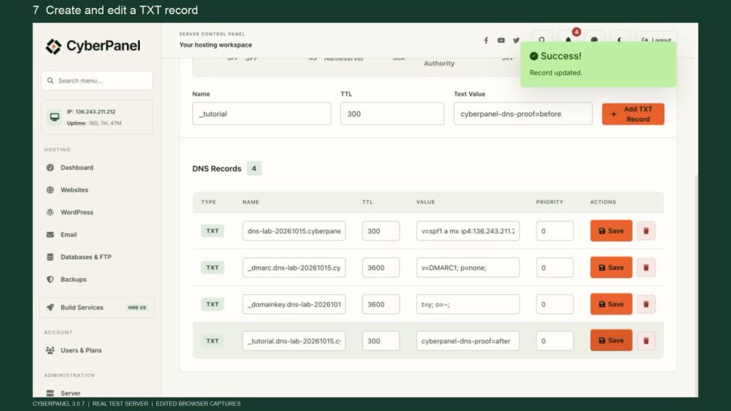 Real CyberPanel DNS walkthrough showing a saved TXT value verified through public resolvers