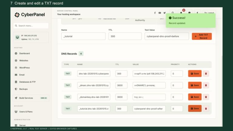 Real CyberPanel DNS walkthrough showing a saved TXT value verified through public resolvers